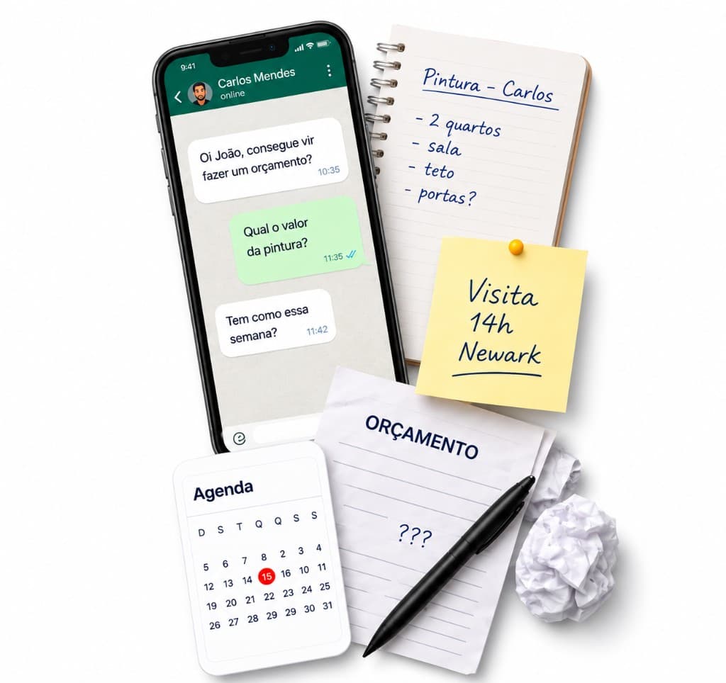 Celular com mensagens, post-its e papelada desorganizada