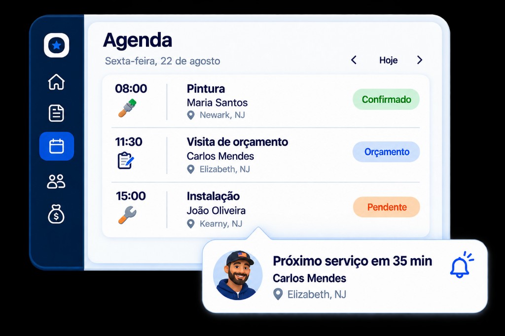 Agenda do dia com serviços e notificação do próximo serviço