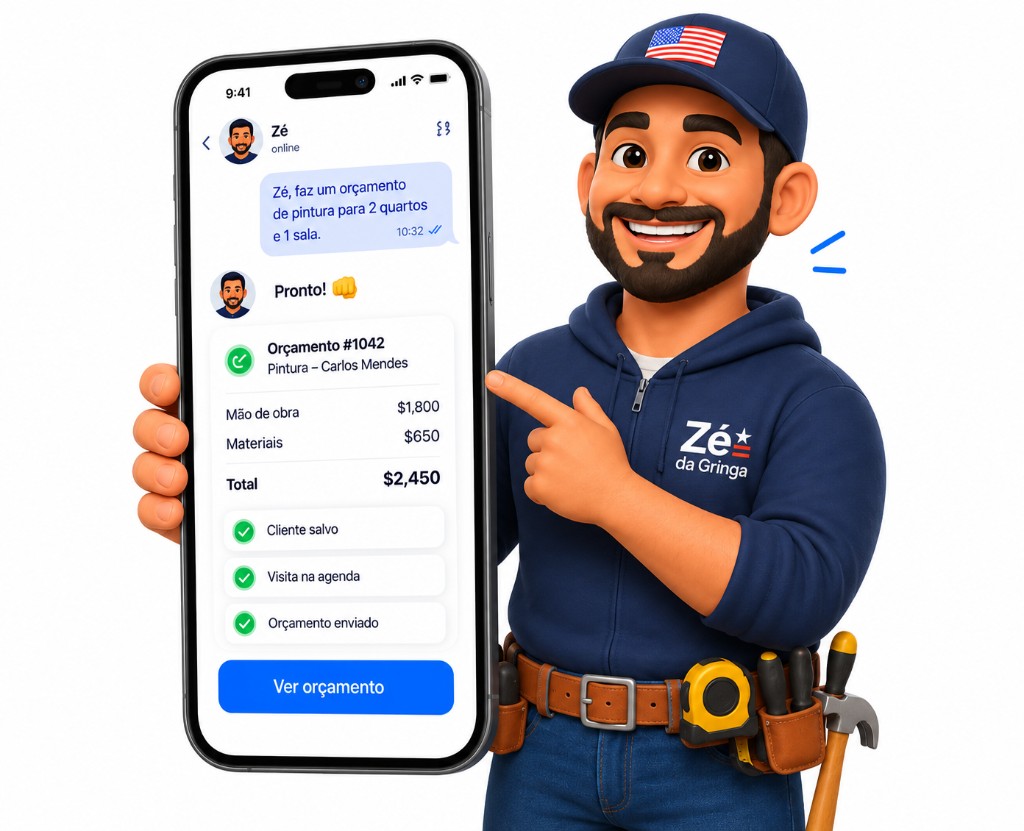 Zé apontando para o celular com orçamento pronto